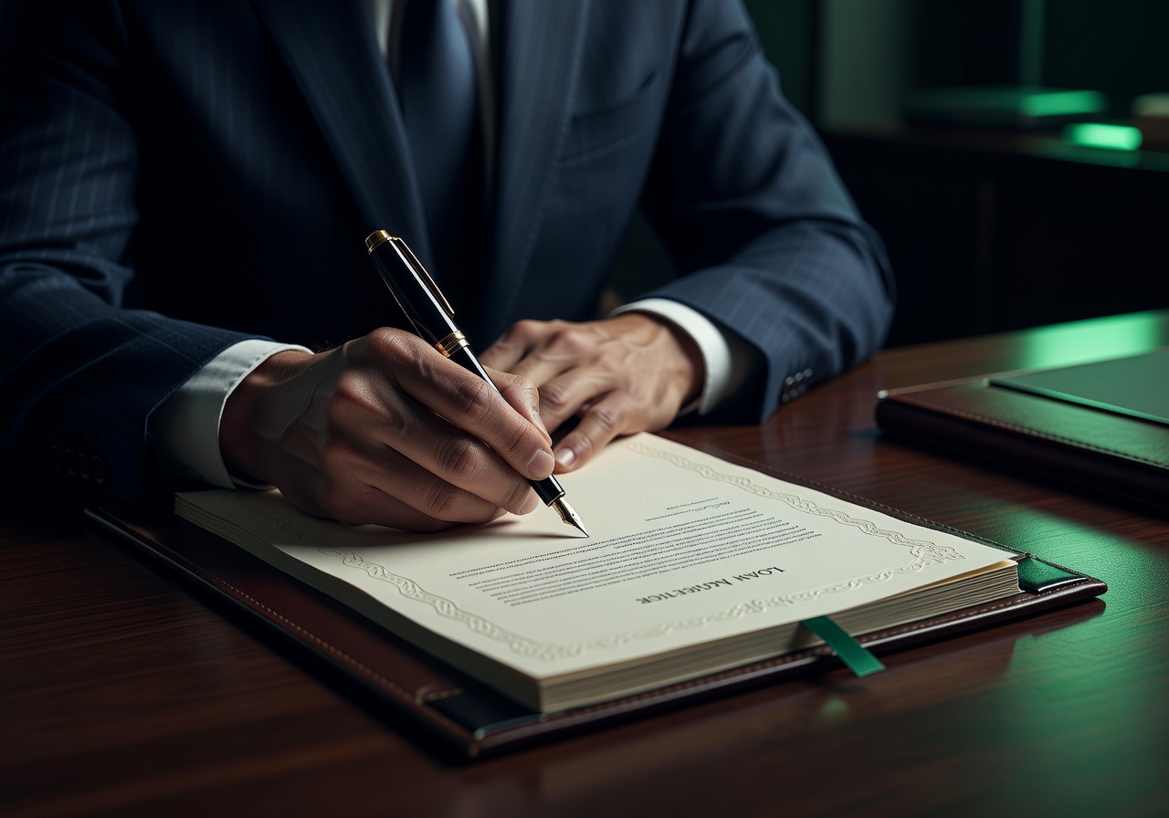 Professional signing a formal loan agreement with fountain pen on a premium desk — clear legal documentation and trust.