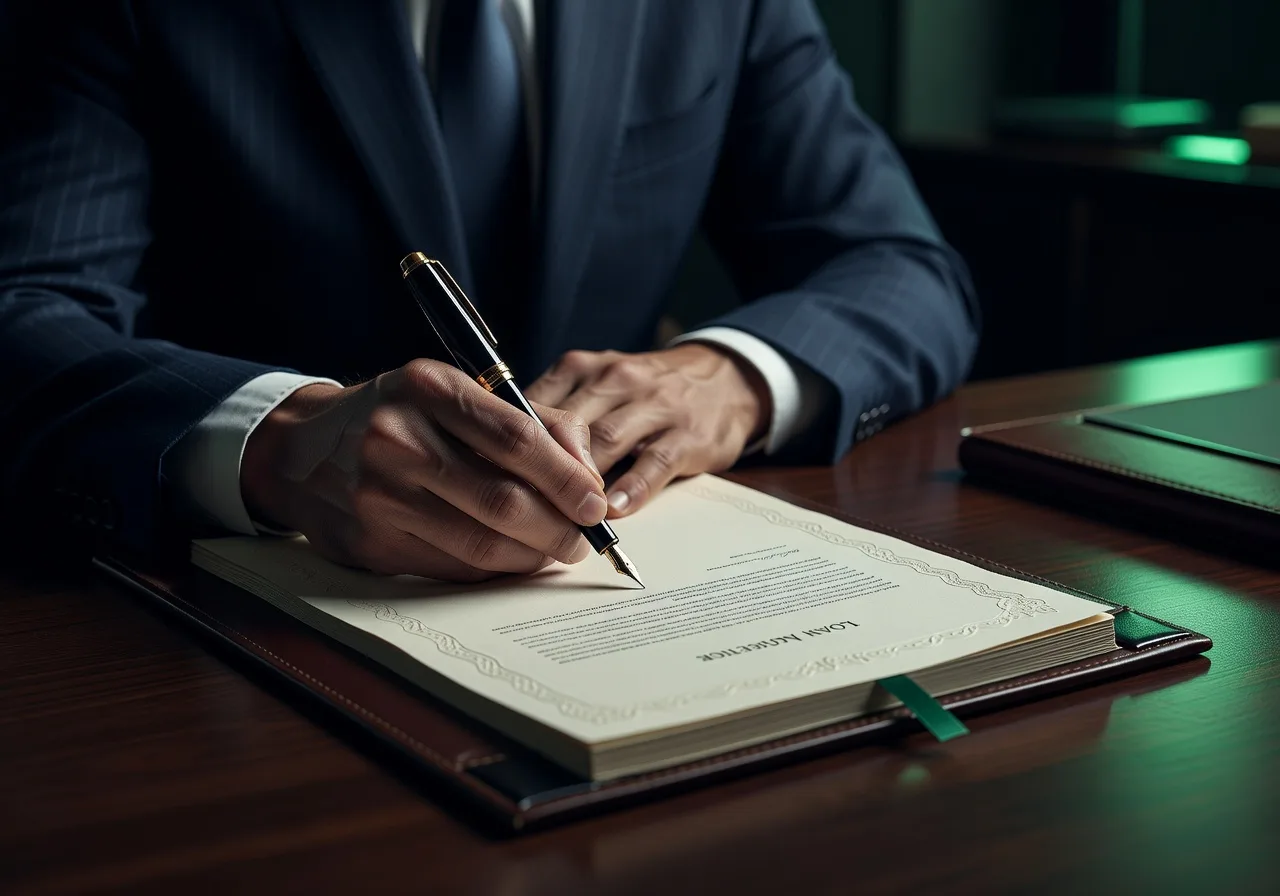 Professional signing a formal loan agreement with fountain pen on a premium desk — clear legal documentation and trust.