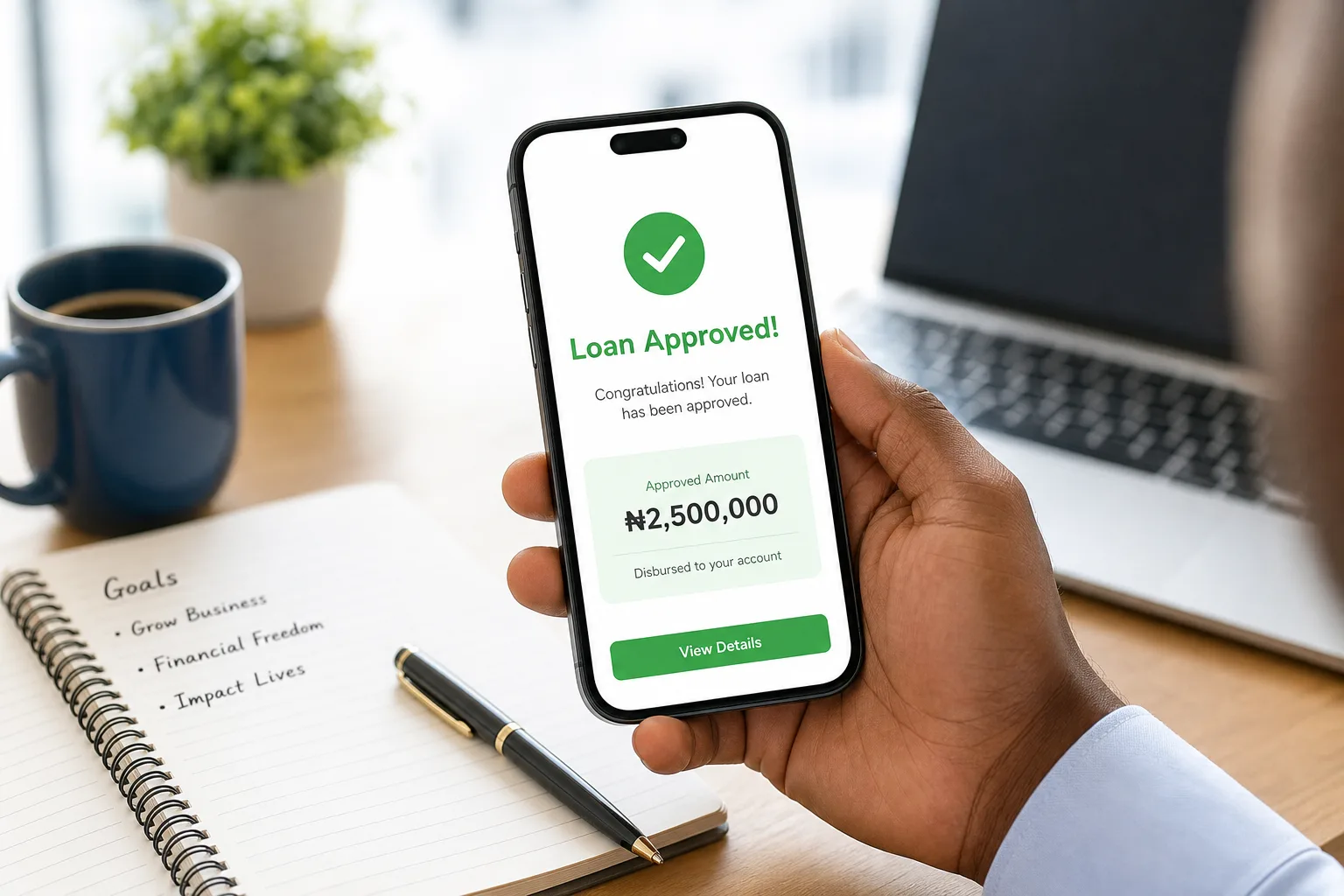 Smartphone displaying a clean professional loan approval confirmation with elegant green accents in a Nigerian office setting.