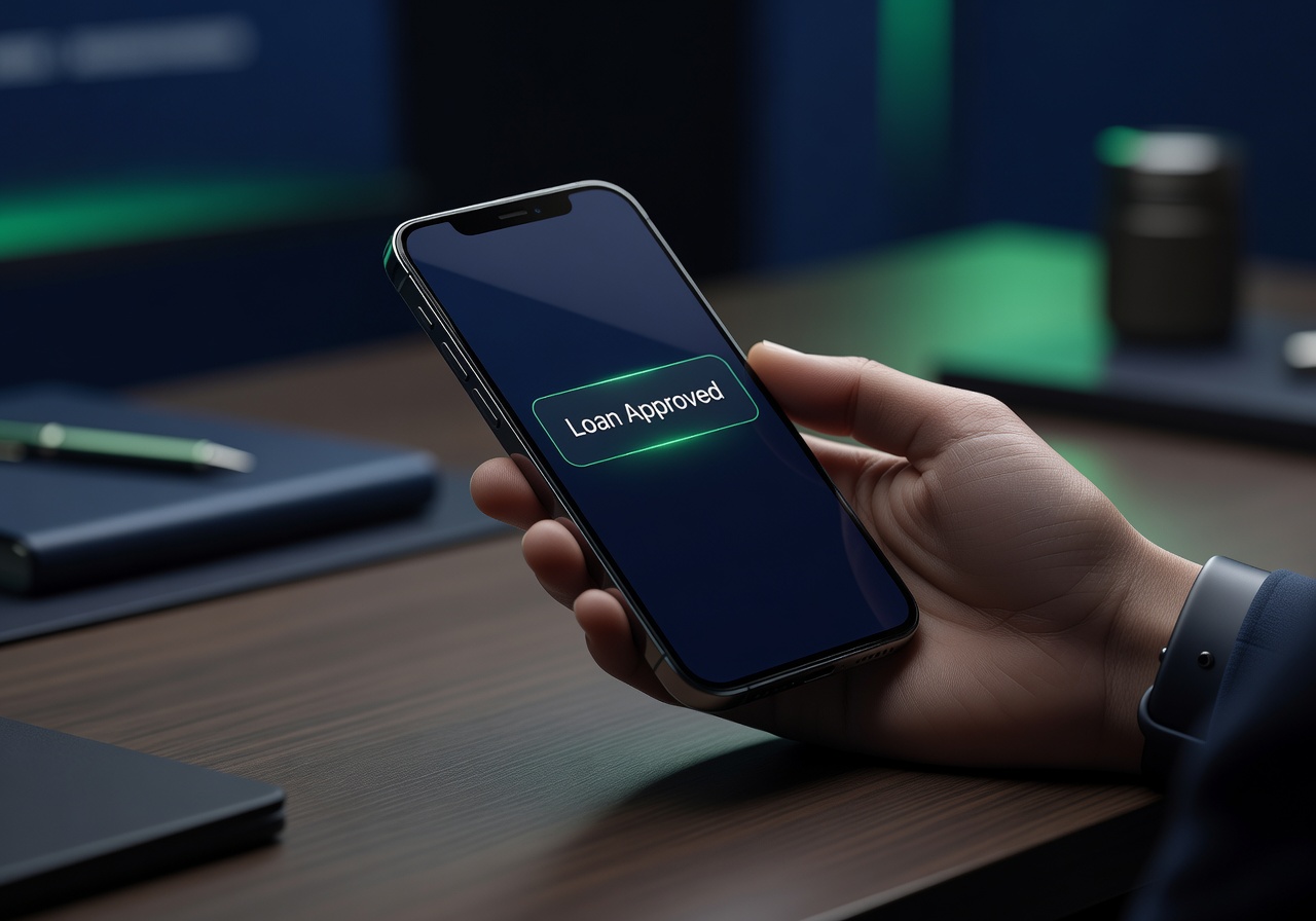 Smartphone displaying a clean professional loan approval confirmation with elegant green accents.