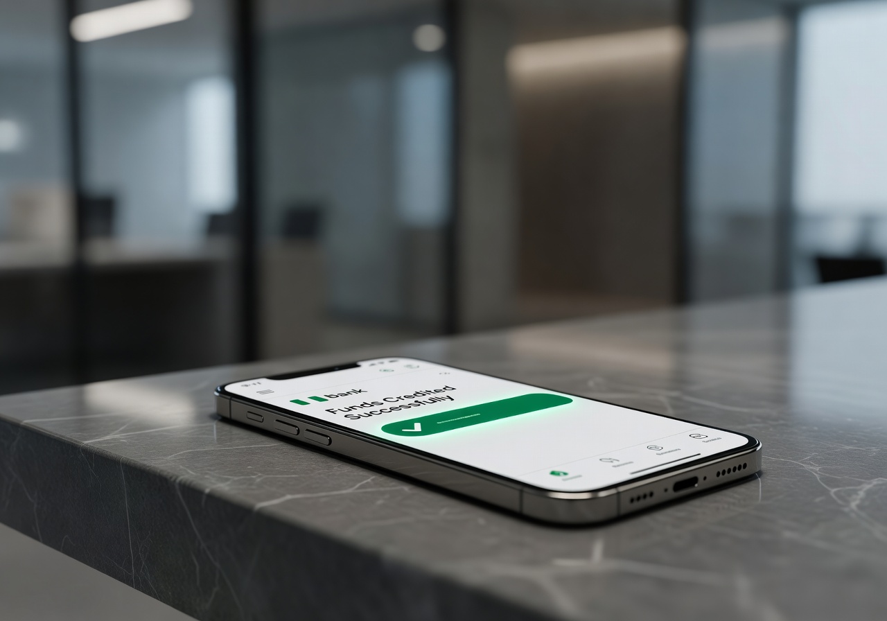 Smartphone screen showing successful bank credit alert — funds disbursed quickly and securely.