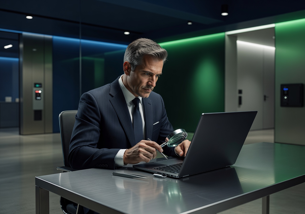 Expert inspector carefully evaluating a high-end laptop with professional tools in a secure facility — precise collateral valuation.