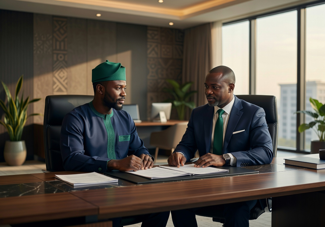 Professional loan officer explaining documents to a customer in a modern Abuja office — the start of a trusted lending relationship.